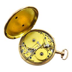 19th century French 18ct gold open face key wound musical repeating cylinder pocket watch, circa 1820, movement not signed, the gilt metal dust cover spuriously signed 'Musique Breguet A Paris No.3205', gilt dial with Roman numerals, plunge repeat in the pendant, engine turned back case 