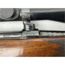 30-06 Steyr-Mannlicher Model M bolt-action rifle, the 61cm hammer forged barrel with side safety, double set trigger and lift-out rotary magazine, walnut stock with chequered pistol grip and fore-end and additional soft leather cheek piece, Pecar Berlin Champion 8 x 45 telescopic sight with quick release mounts, serial no.204791 L111cm FIREARMS CERTIFICATE REQUIRED OR RFD