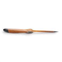 Aviation design two-blade mahogany propeller, shaped blades with black painted ends, central mounting aperture within a circular six-bolt metal hub plate