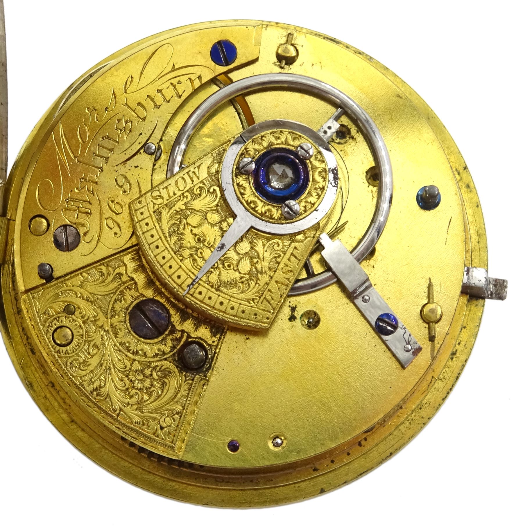 William IV English lever fusee pocket watch by John Morse, Malmesbury, No. 969, round pillars, engraved balance cock decorated with a mask and diamond endstone, white enamel dial with Roman numerals and subsidiary seconds dial, case makers mark J.P, London 1833 