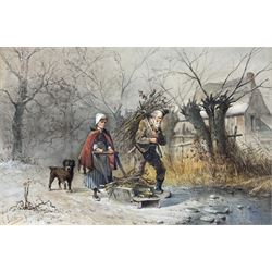 Jan Gerard Smits (Dutch 1823-1910): Collecting Firewood, watercolour signed and dated '73, 34cm x 51cm 