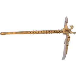  Persian sugar salt axe, decorated with coloured cabochons and cockerel finial and Persian Bulova or Tongi steel-bladed axe with wooden handle 