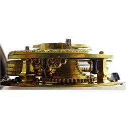 18th century silver pair cased verge fusee pocket watch by Alexander Hare (London ca.1781-1824), No. 200, square baluster pillars, pierced and engraved balance cock, white enamel dial with Roman hours and outer Arabic minute ring, beetle and poker hands, case makers mark G H, London 1770, with a fabric watchpaper embroidered with map of Europe