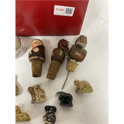 Seven Wade Whimsies, leather falcon hood, three novelty bottle corks, pair of EPNS open salts and other collectables