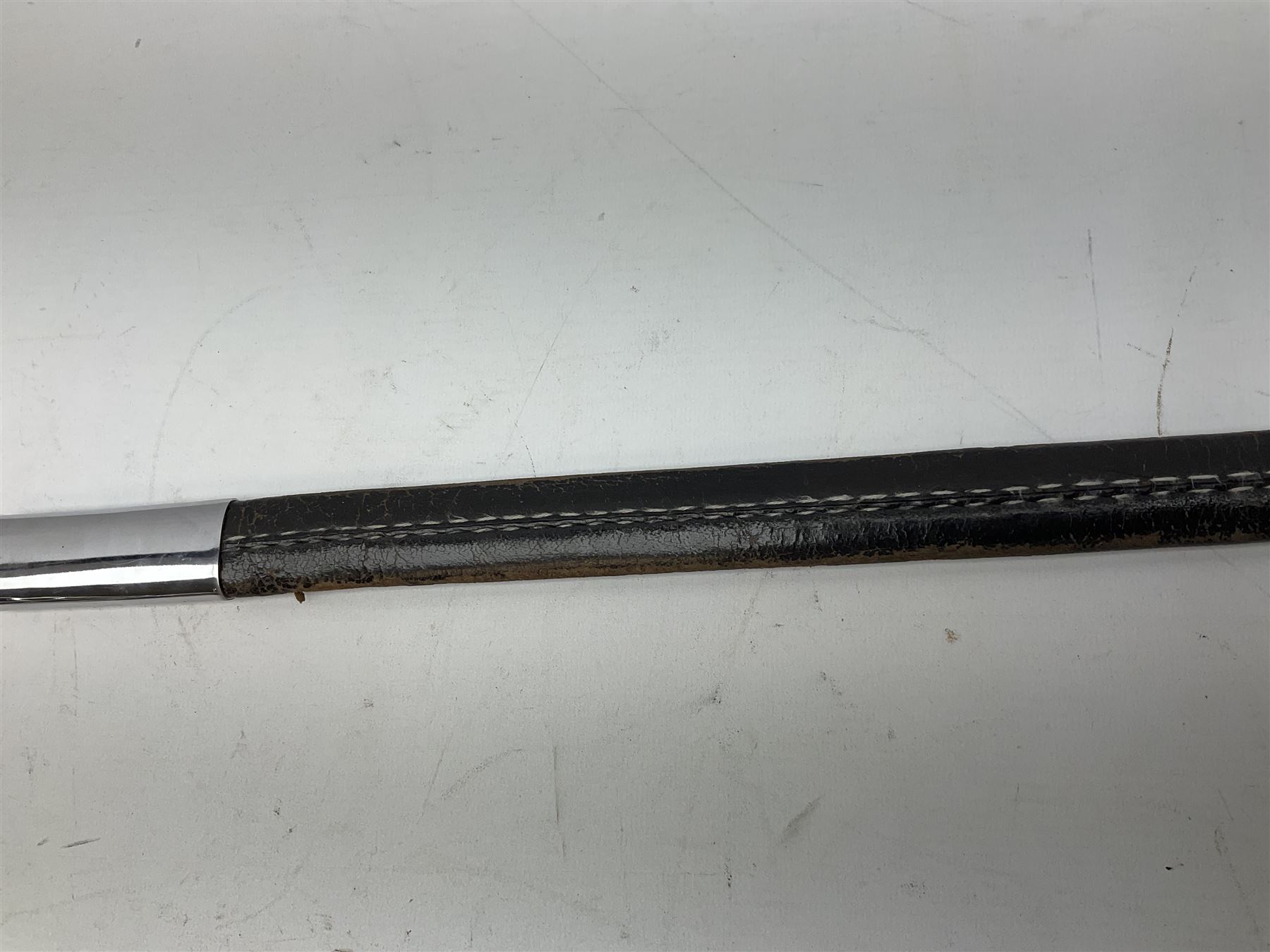 Replica knight's longsword, the 91.5cm double-edged steel blade with basket hilt and wire-bound bone grip with spherical pommel, in leather scabbard L112cm overall