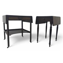 Georgian design mahogany drop-leaf table, rectangular top above a single drawer with brass handle, square supports united by arched undertier, on brass castors (W62cm, D65cm, H72cm); and a smaller mahogany drop-leaf table with single drawer on turned supports (W43cm, D61cm, H72cm)