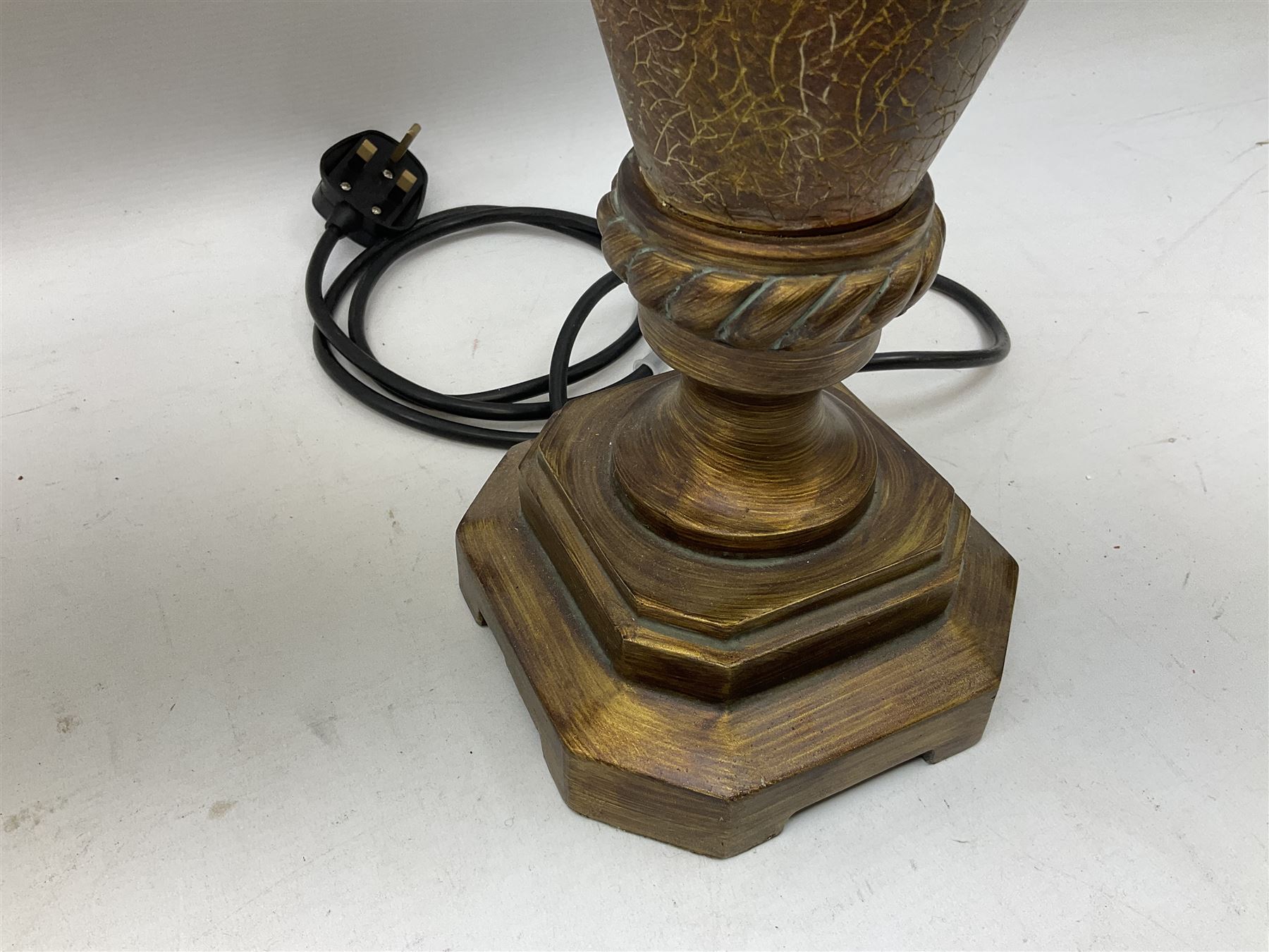 Pair of table lamps decorated with gold crackle effect design, upon stepped bases, with fabric shades, H86cm