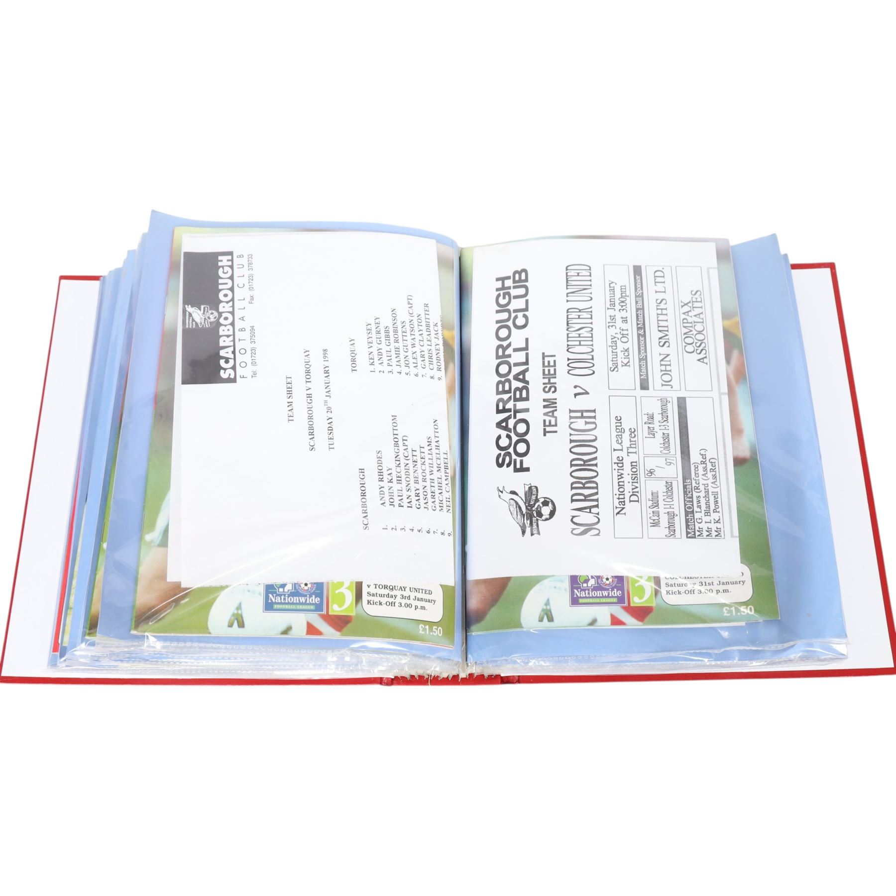 Comprehensive collection of approximately one-hundred and seventy Scarborough FC football programmes for the 1996/97, 1997/98 and 1998/99 seasons, all filed within six dedicated Scarborough FC red Home and Away binders
