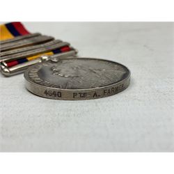 Queens South Africa Medal with five clasps for South Africa 1902/1901, Transvaal, Orange Free State and Cape Colony awarded to 4640 Pte. A. Farmer 1st Dgn. Gds. with ribbon and manuscript biographical details