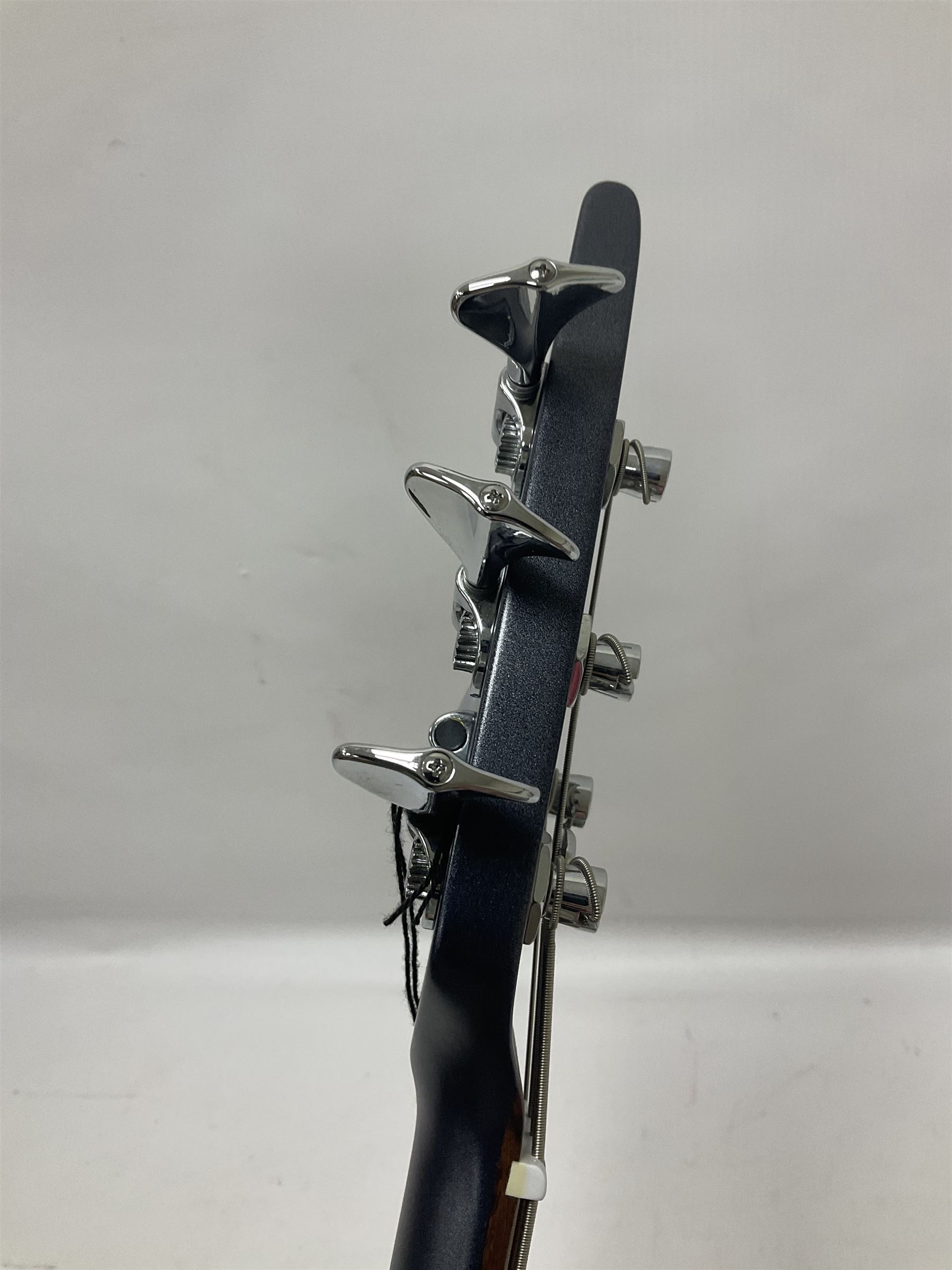 Music Man Bongo 4 string bass guitar, in sapphire black finish, serial no F42547, in black Music Man hard case, guitar L113cm