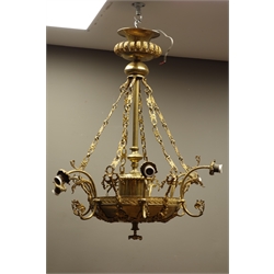  20th century gilt metal electrolier, six scroll arms on inverted dome pendant fitting, H84cm x D82cm   