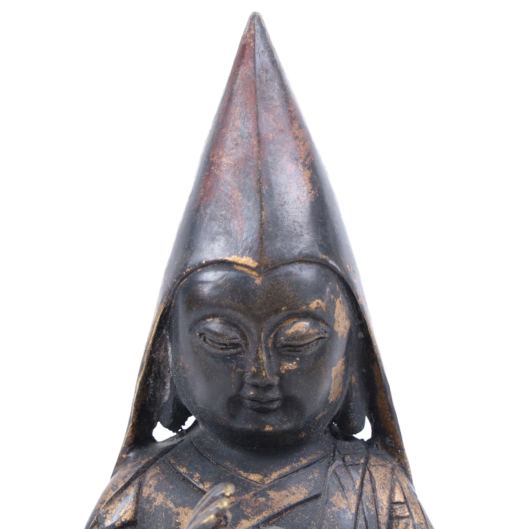 20th century bronzed Tibetan figure Tsongkhapa, seated upon a double lotus leaf, H30cm