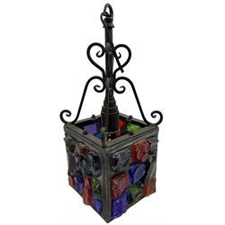 20th Century Peter Marsh Arts & Crafts wrought iron porch lantern, set with coloured panels, H36cm