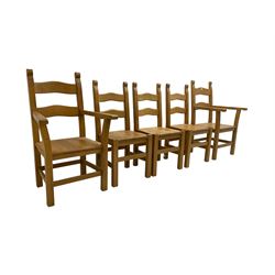 Set ten (8+2) beech dining chairs, waived ladder backs raised on square supports united by stretchers