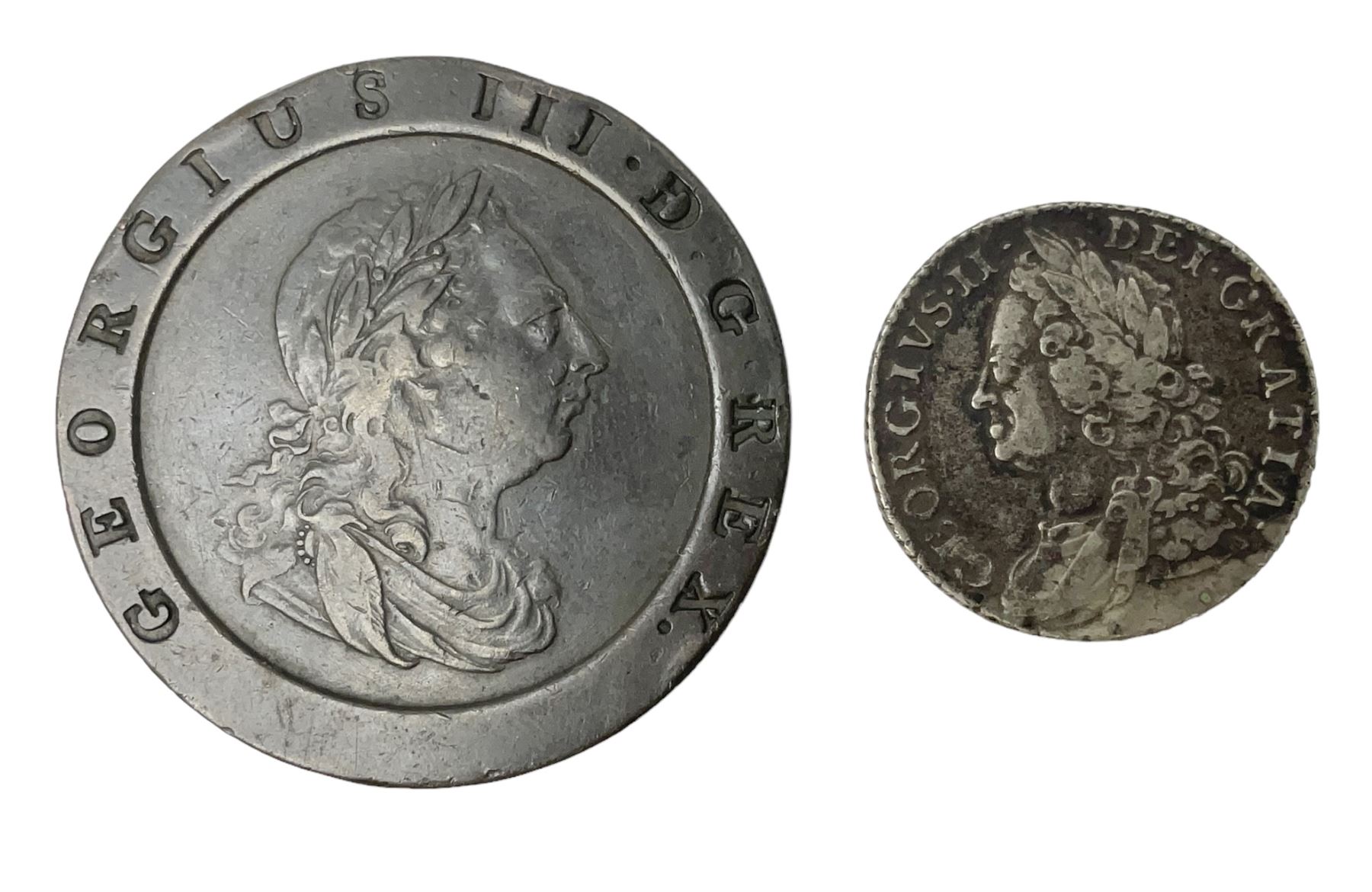 George II 1758 shilling and George III 1797 cartwheel twopence coin