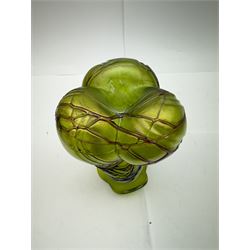 Three Austrian Art Nouveau green iridescent glass vases, to include two Pallme-Konig examples and a Kralik example, each with threaded vein decoration, tallest H25cm (3)