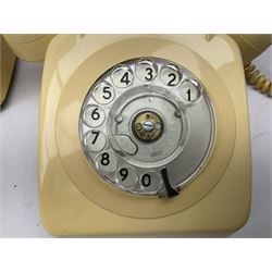 Four cream coloured telephones with rotary dials, to include three examples marked  PO 21034 beneath, including EET 79/2, 746F EET 79/3, 706L PXA 65/2A etc