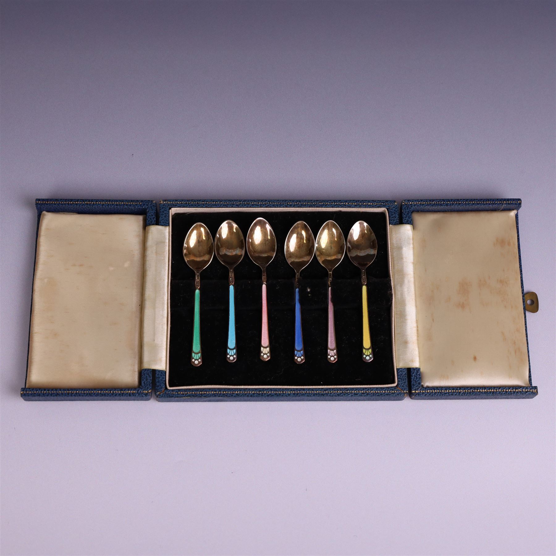 Set of six mid 20th century harlequin enamel coffee spoons, hallmarked Turner & Simpson Ltd, Birmingham 1960, in fitted case