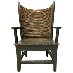 Late 19th to early 20th century Orkney chair, green painted pine frame and seat with curved rush back, square tapering supports joined by plain stretchers