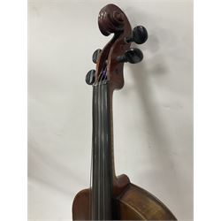 Full size violin and bow in a wooden constructed fitted case, back length 35cm, full length 60cm