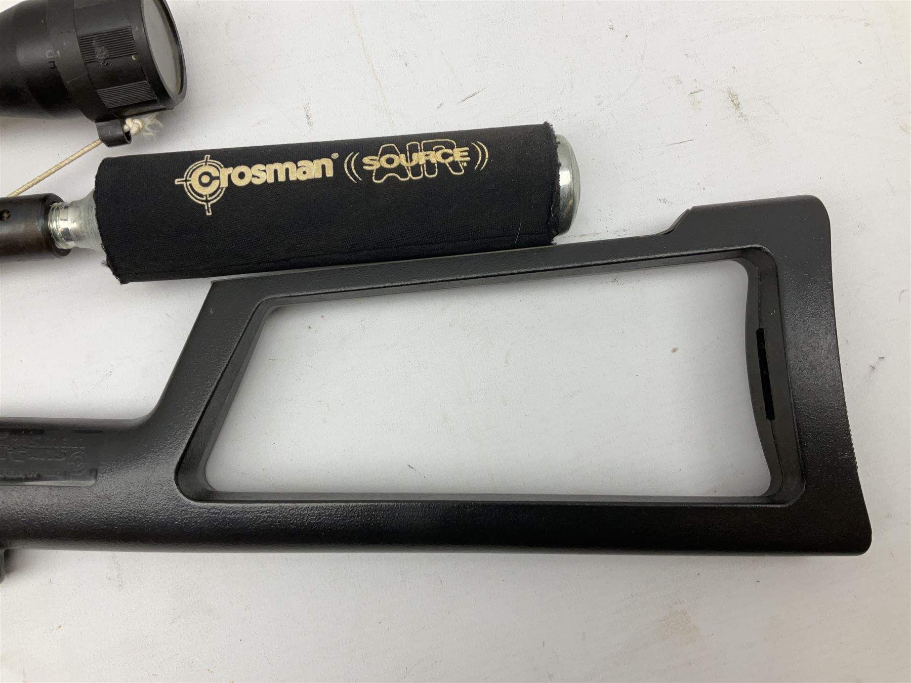 Crosman .22 air rifle with gas cylinder, model AS2250, with bolt action, skeleton stock, moderator and Hawke 4x32 telescopic sight with infra red facility, serial no.803B11493, L88.5cm