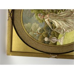 George III silkwork picture, of oval form depicting a female figure in garden setting, within a silkwork border detailed with verse from Robert Burns Bonnie Peg, 'Her air sae sweet, and shape complete, The Queen of Love did never move, Wi' Motion mair enchanting!', and monograms 'FV' and 'SM', in reeded gilt frame and gilt mount, indistinctly inscribed in pencil verso, overall H36cm L30.5cm