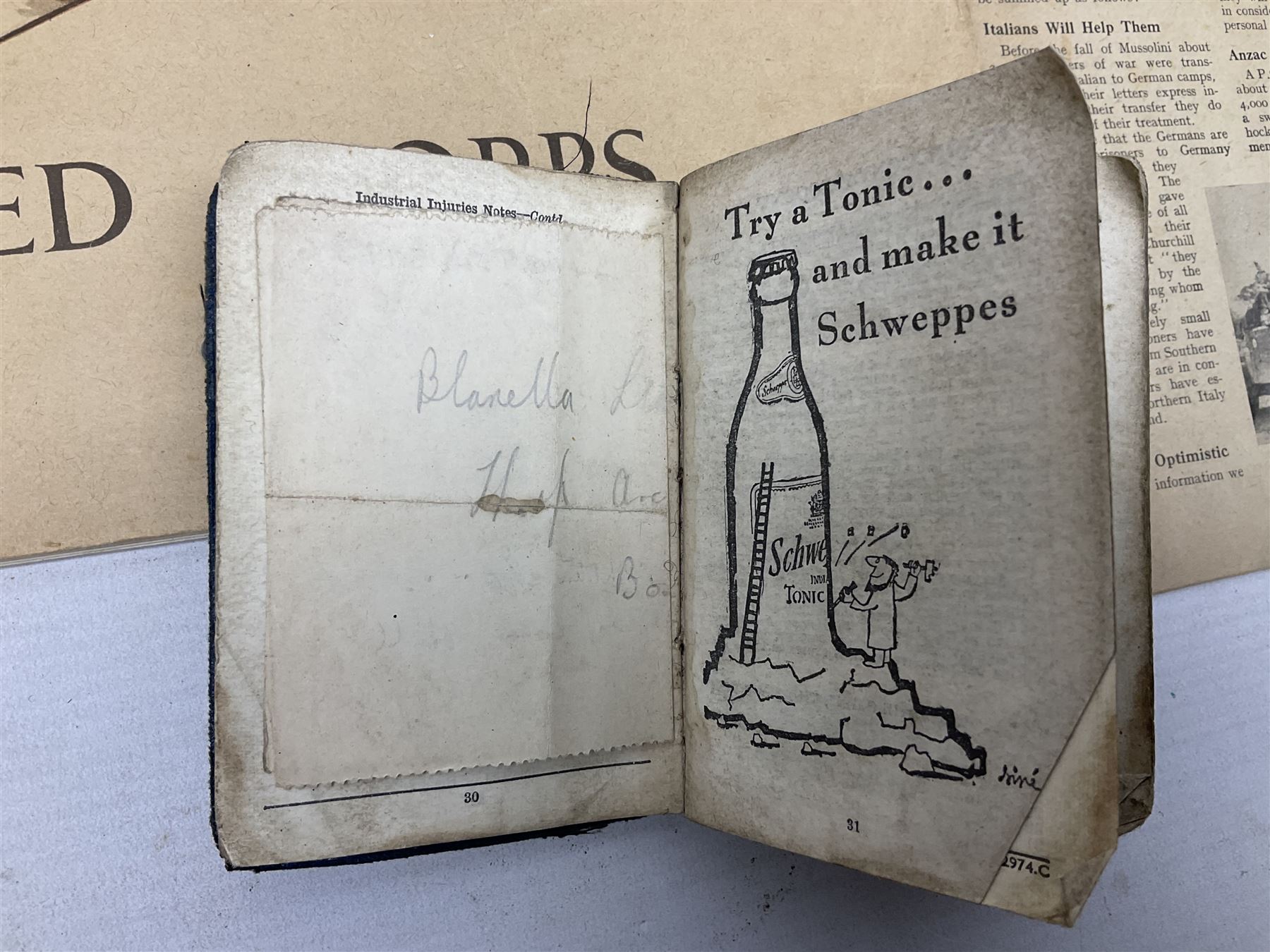 Modern album containing over sixty postcards and photographs including memorial portraits of KIA soldiers, regimental crests, comic, WW1 embroidered silk, uniforms, cap badges, camp and manoeuvre images etc; another personal photograph album of WW2 soldiers relaxing; Royal Armoured Corps booklet 'The Italian Campaign 3rd Sep. 1943 - 2nd May 1945; and other paper ephemera of military interest