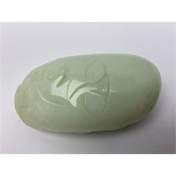 Chinese hardstone carving of a fish amongst coral, with platted rope handle, together with other hardstone and soft stone carvings  