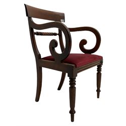 Seven early 19th century mahogany dining chairs - set six side chairs with scroll carved middle rails (W46cm), and a carver elbow chair with rope twist middle rail