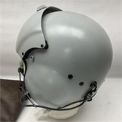 Silver grey SPH-4B Flight Helmet as used by helicopter pilots in the USAF and US Army in the 1990s; made of epoxy resin reinforced fibreglass; fitted with clear and tinted visors and complete with an M-87A/AIC boom mike; original condition and bench tested.