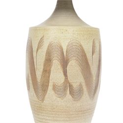 David White pottery lamp, of baluster form with elongated neck, with a brown spiral pattern on a cream ground, without shade H52cm