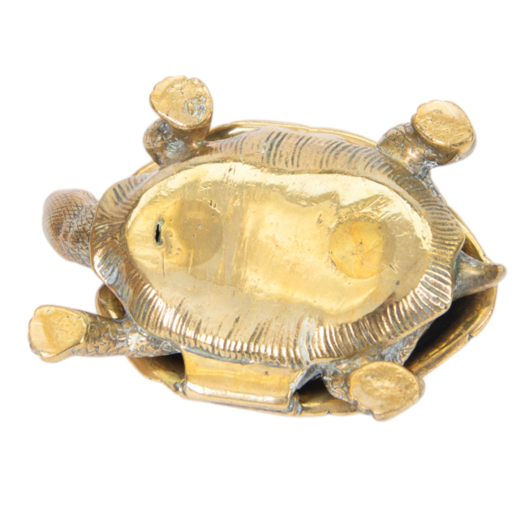 Victorian novelty cast brass inkwell, modelled as a tortoise with hinged brass carapace opening to reveal inkwell recess, L15cm, together with  a brass model of a recumbent water buffalo, L12cm