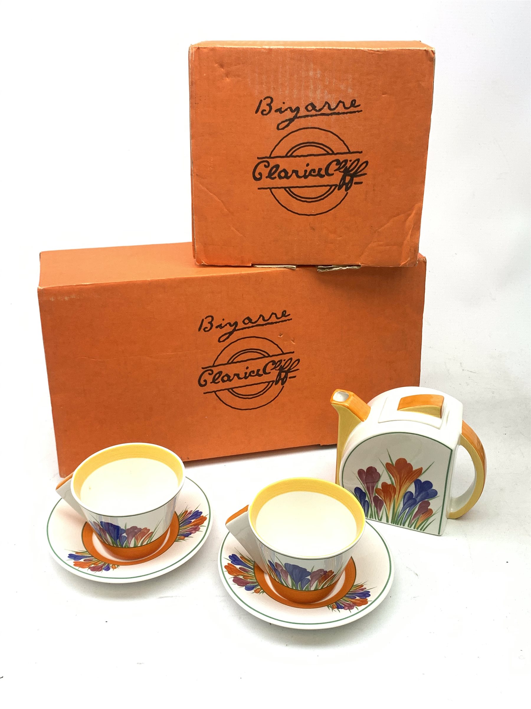 A limited edition Wedgwood Clarice Cliff Tea For Two set, comprising teapot, and two teacups and saucers, decorated in the crocus pattern, with boxes and certificates. 