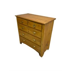 19th century polished pine chest, fitted with two short and three long drawers, with pressed brass handle plates