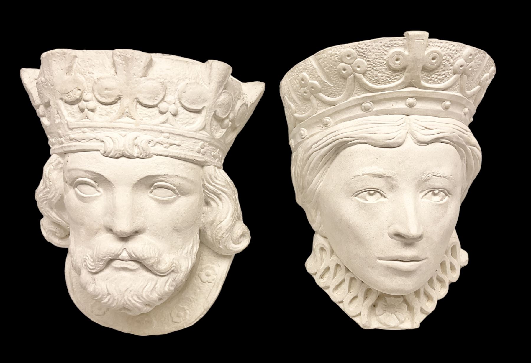 Pair of concrete wall planters in the form of a medieval King and Queen, painted white, L28cm