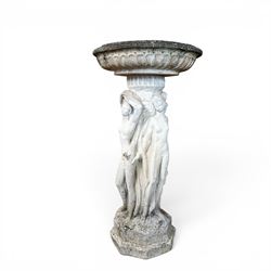 Collection of decorative cast stone garden pieces, comprising three graces bird bath, three urn planters, urn base, figure of girl and a Scottie dog (7)
