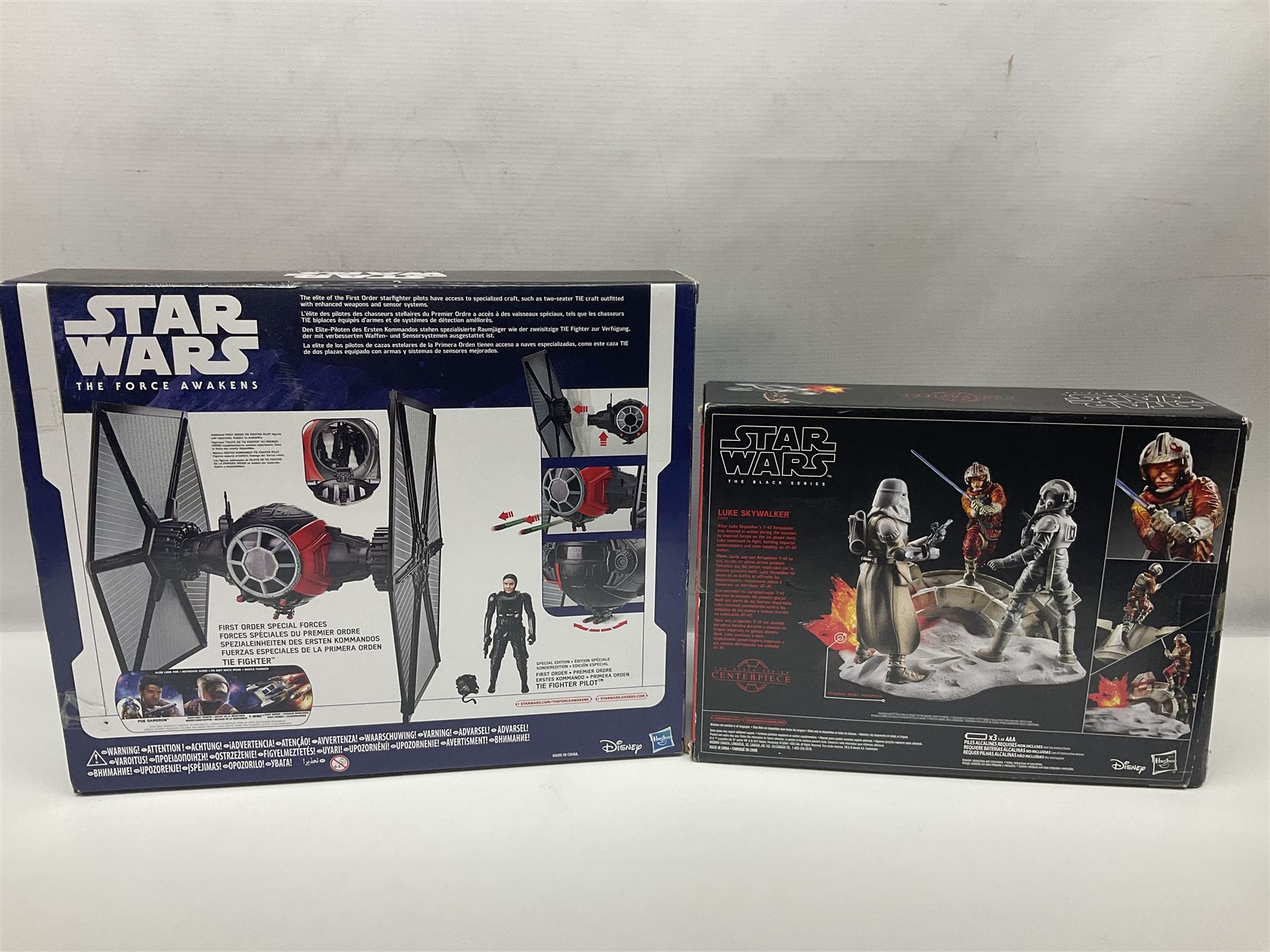 Star Wars - The Force Awakens First Order Special Forces TIE Fighter; The Black Series Centrepiece of Luke Skywalker; Revenge of the Sith Battle Pack Treachery on Saleucami; Titanium Series Die-Cast Clone Trooper; and two other pairs of figures; all boxed (6)