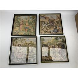 Assorted collectables, to include four framed and glazed machine woven tapestry panels of figures, 19th century tea caddy, cigarette albums, barometer, etc., in one box 
