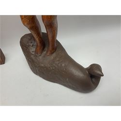 Helen Skelton (British 1933 – 2023): Three carved wooden abstract sculptures, each modelled as a a figure, tallest H52cm. Born into an RAF family in 1933 in Kent and travelled the world extensively during her childhood. After settling in Bridlington, Helen immersed herself in painting, textiles, and wood sculpture, often inspired by nature's beauty. Her talent was showcased in a one-woman show at Sewerby Hall and recognised with the sculpture prize at Ferens Art Gallery in 2000. Sadly, Helen’s daughter passed away from cancer in 2005. This loss inspired Helen to donate her sculptures to Marie Curie upon her passing in 2023.