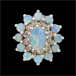 9ct gold opal and diamond cluster ring, single oval opal surrounded by twelve single cut d...