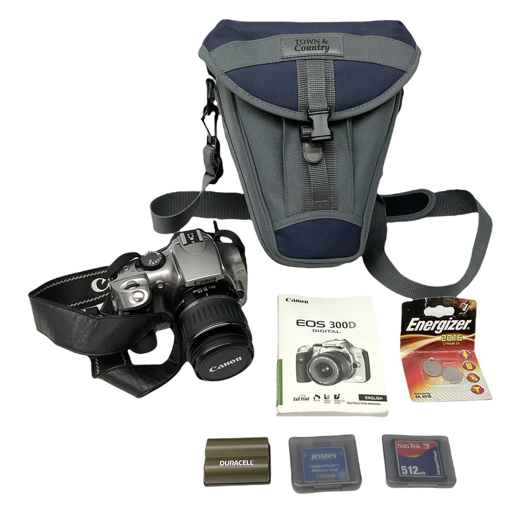Canon EOS 300D Digital SLR in silver, with Canon 'Zoom Lens EF-S18-55mm 1:3.5-5.6', with soft shell bag and instruction manual