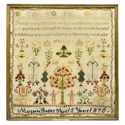 Late Victorian sampler, by Margaret Bagley, Aged 15 years, dated 1876, worked with the Tree of Life, Adam and Eve, and various motifs including flowers, urns and birds, beneath verse detailed 'The fair tree of life full of verdure and bloomests over our path its far spreading shoots and even the hand of a child may presume to gather its blossoms and take of its fruits', and band of alphabet, in birdseye maple veneered frame, overall H62cm L59cm