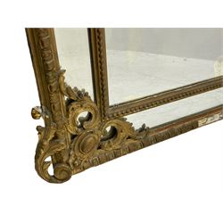 19th century giltwood and gesso pier mirror, shell cartouche pediment decorated with flower heads and scrolling foliage, two bird motifs to each side, egg and dart moulded frame with beaded inner slip, plain mirror plate, each corner mounted by scrolled acanthus leaves and cartouches
