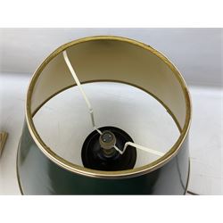 Italian ceramic table lamp decorated with geometric green and black pattern on white ground with gilt metal square plinth base, together with a green and black marbled effect lamp by Holkham pottery, both with shades, tallest H47 incl shade