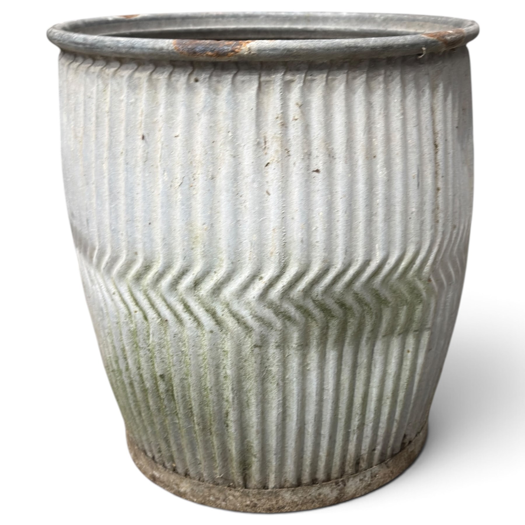 Two20th century galvanised metal dolly tubs, with rolled rims above corrugated bodies centred by chevron bands and circular bases, max W48cm H52cm)