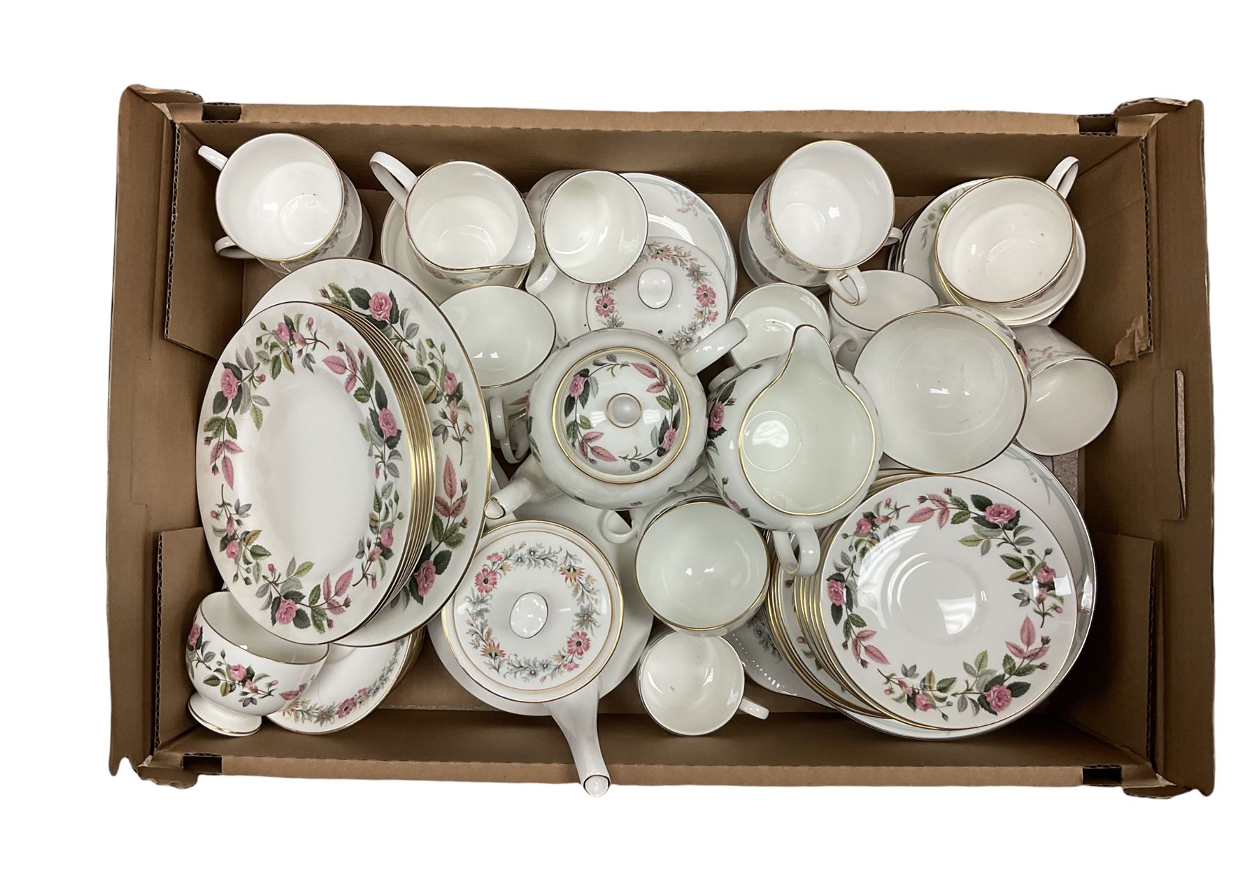 Paragon part dinner service in Belinda pattern, including teapot, six tea cups and saucers, dinner plates etc, together with Royal Doulton part tea service in Carnation pattern, Wedgwood part tea service in Hathaway Rose