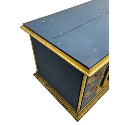 In the manner of William Burges - mid-to-late 19th century English Gothic Revival pine altar or console table, in blue and red paint with water gilding, the moulded rectangular top over six pointed arches with turned column supports, the front carved with a single row of lozenges and incised stylised motifs