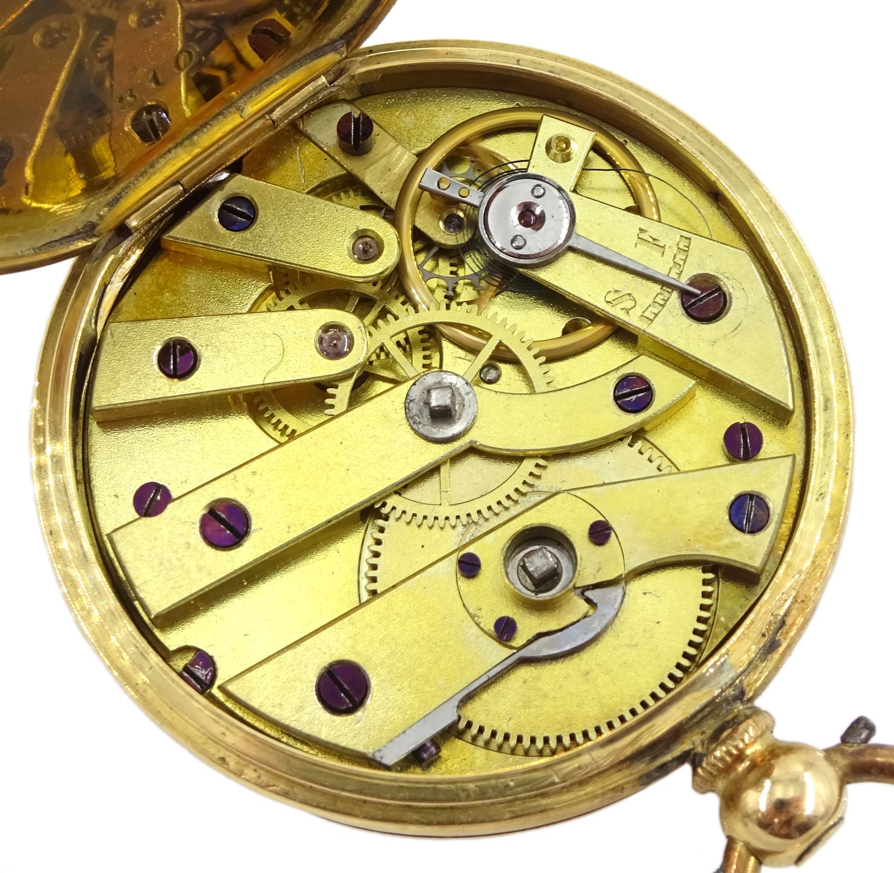 Victorian 18ct gold half hunter ladies key wound cylinder pocket watch, white enamel dial with Roman numerals, back case engraved and engine turned with flower decoration, stamped 18K