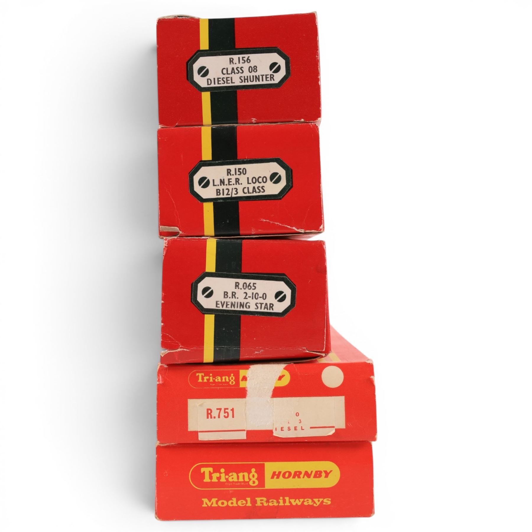 Five Hornby Dublo and Tri-ang Hornby 00 gauge locomotives, tenders and shunters, comprising R.156 Class 08 Diesel Shunter no. 13005, R.150 L.N.E.R B12/3 Class Locomotive, R.065 B.R. 2-10-0 'Evening Star' Locomotive and Tender, R.758 Hymek B-B Diesel Locomotive no. 7063 and R.751 B.R. Locomotive no. D6830 all boxed 