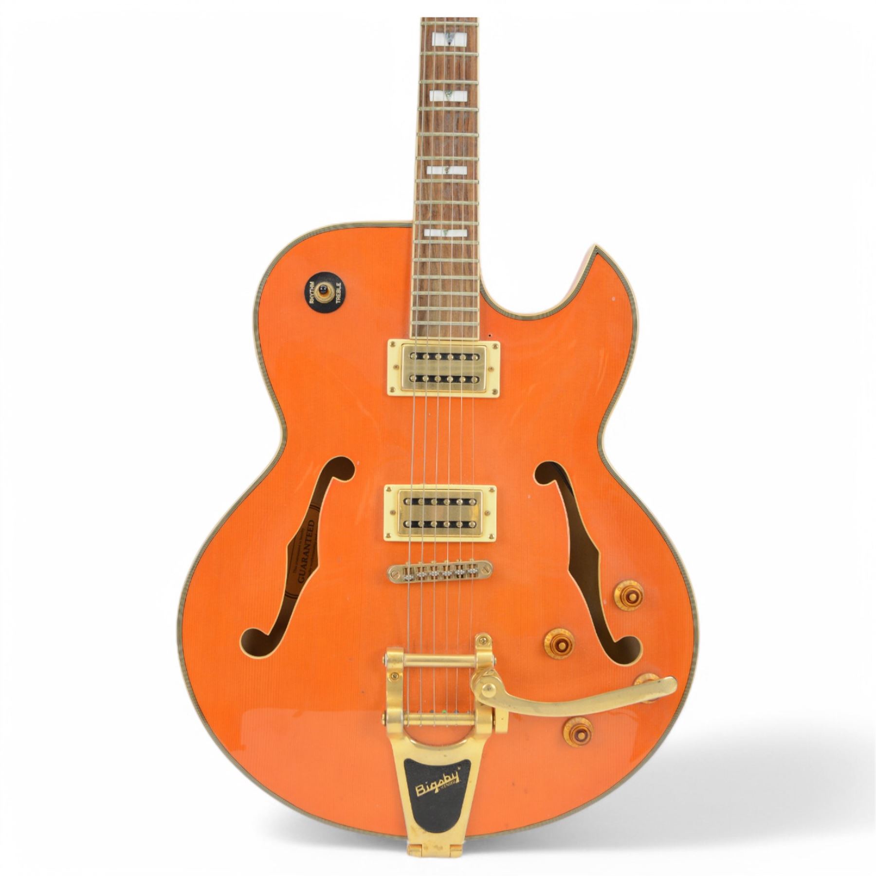 Shine Douglas WNO-675 SO semi-hollow body electric guitar, in orange finish, guitar length 106cm